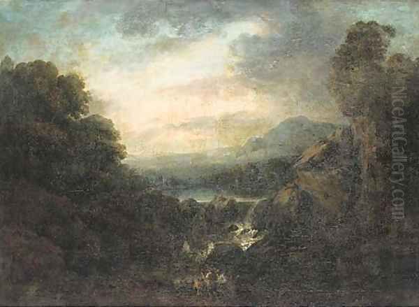 An extensive mountainous landscape with anglers by a waterfall - view 1