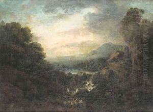 An extensive mountainous landscape with anglers by a waterfall by Jacob Van Ruisdael