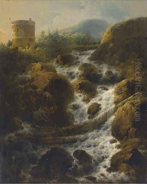 A mountainous landscape with a Roman tower by a stream - view 1