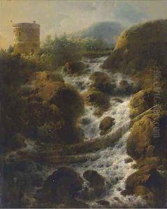 A mountainous landscape with a Roman tower by a stream