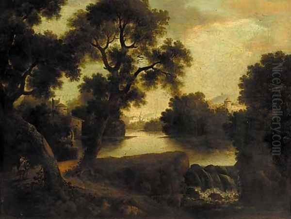 A figure on a riverside path in a classical landscape - view 1