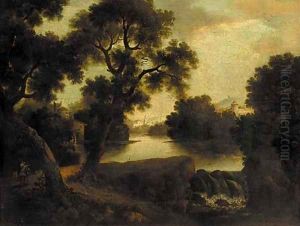 A figure on a riverside path in a classical landscape by John Rathbone