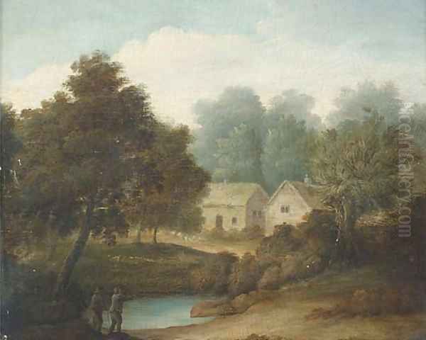 Figures by a pond with cottages beyond - view 1