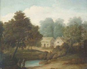 Figures by a pond with cottages beyond