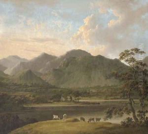 View of Coniston and Weatherlam, with cattle in the foreground, and Coniston Old Hall beyond