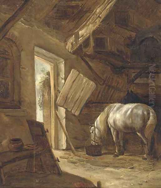 A barn interior with a horse feeding - view 1