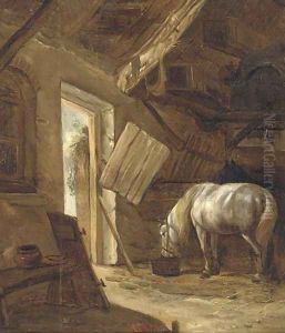 A barn interior with a horse feeding by Salomon Rombouts