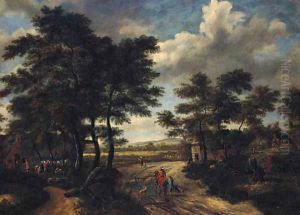 A wooded landscape with a hamlet and travellers on a track
