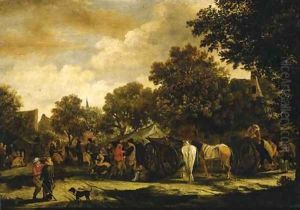 A horse fair in a village by Salomon Rombouts