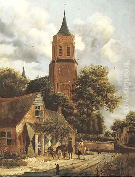 A village landscape with travellers taking refreshments at the Swan inn, a church nearby - view 1