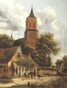 A village landscape with travellers taking refreshments at the Swan inn, a church nearby
