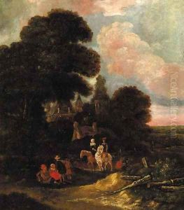 Falconers on a path, in a wood by Salomon Rombouts