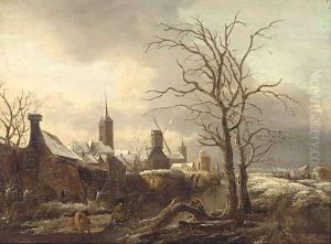 A winter landscape with peasants skating