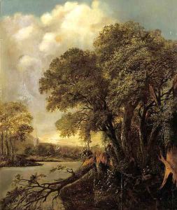 A wooded river landscape with a village in the distance