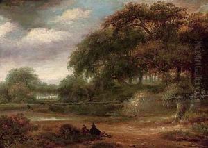 A wooded river landscape with travellers resting on a track by Salomon Rombouts