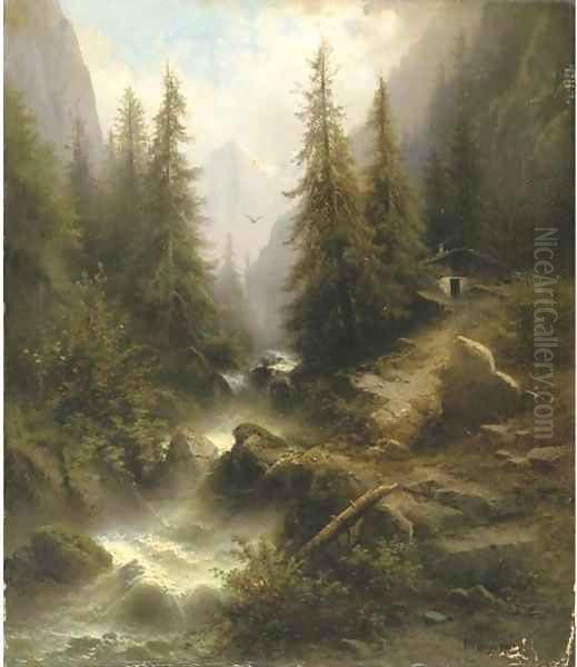 Waterfall cascading amongst pine trees in the Alps - view 1