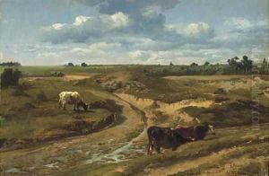 Cattle grazing by a sandy track in summer near Genck