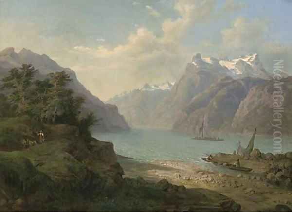 Traders on an Alpine lake - view 1