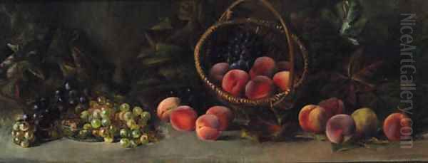 Peaches, Grapes And A Basket On A Table - view 1