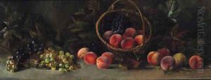 Peaches, Grapes And A Basket On A Table by Jean Robbe