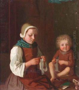 A woman sewing by a table, a child playing with a doll nearby by Pietro Antonio Rotari