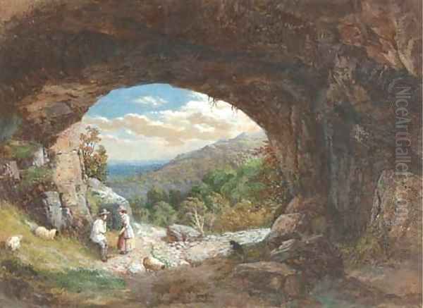 Figures at the entrance to a cave, an extensive landscape beyond - view 1