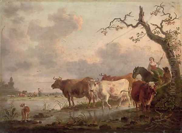 An extensive landscape with herdsmen and cattle watering at a stream - view 1