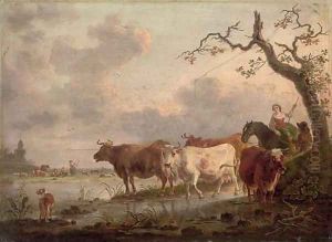 An extensive landscape with herdsmen and cattle watering at a stream by Jean-Baptiste De Roy