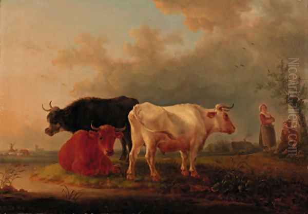 Cattle on a river bank, drovers conversing beyond - view 1
