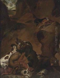 A mountain track with dogs attacking bears by Carl Borromaus Andreas Ruthart