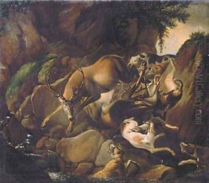 Hounds attacking two deer in a rocky river landscape by Carl Borromaus Andreas Ruthart