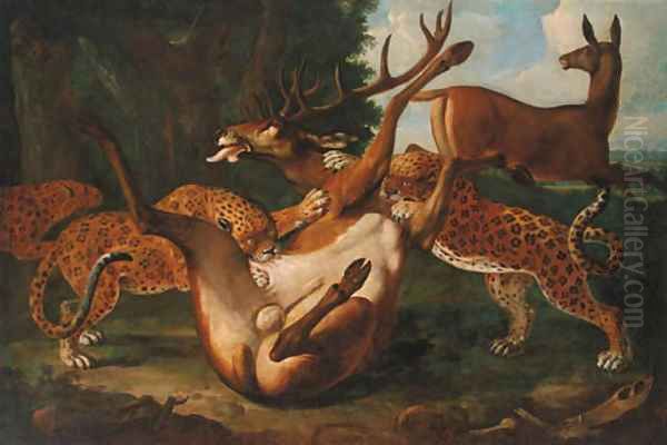 Leopards attacking deer in a landscape - view 1