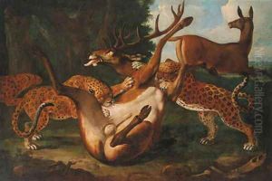 Leopards attacking deer in a landscape by Carl Borromaus Andreas Ruthart