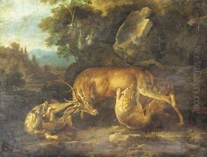 Two wolves attacking a stag in a wooded clearing by Carl Borromaus Andreas Ruthart