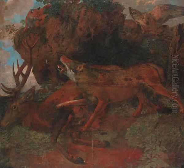 A wolf guarding a stag from a fox with an eagle on an outcrop - view 1