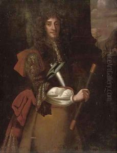 Portrait of James II (1633-1701), three-quarter-length, a telescope in his right hand, with ships beyond