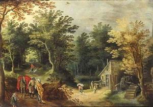 A gipsy woman and a traveller on a road by a watermill A gipsy woman and a traveller on a road by a watermill