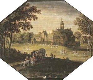 A wooded landscape with travellers in a wagon by a pond, a castle beyond A wooded landscape with travellers in a wagon by a pond, a castle beyond