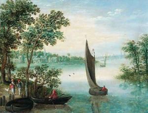 An extensive river landscape with peasants at a landing stage, a town beyond An extensive river landscape with peasants at a landing stage, a town beyond