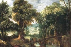 A wooded river landsape with the Flight into Egypt