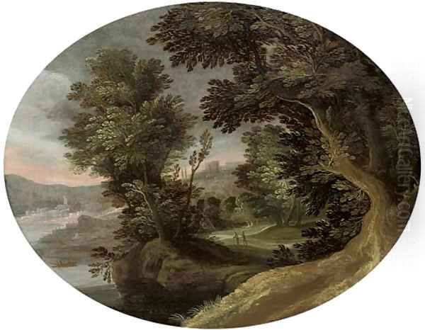 A wooded river landscape with travellers on a track - view 1