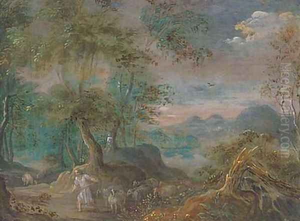 A landscape with a shepherd and his flock on a track - view 1
