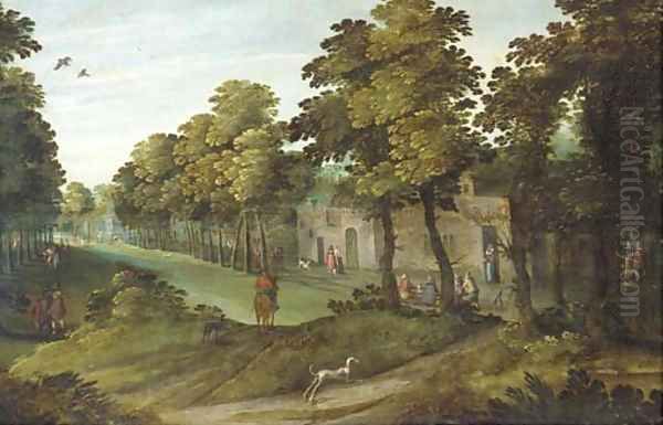 A village landscape with an avenue of trees, a horseman and a dog in the foreground - view 1