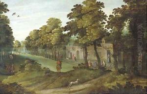 A village landscape with an avenue of trees, a horseman and a dog in the foreground