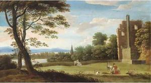 A wooded landscape with classical ruins, a milkmaid with goats and a lake beyond