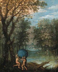 A wooded river landscape with Atlas passing the World to Hercules