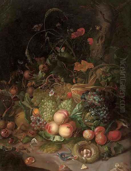 Apples, pears, grapes, corn, pomegranates, a birds nest with eggs, butterflies, a lizard and other insects in a wooded clearing - view 1
