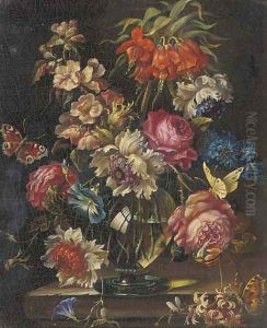 Mixed flowers in a glass vase on a ledge, with a snail and two butterflies by Rachel Ruysch