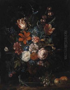 Roses, Tulips, Lillies, Carnations, Convolvulus and other Flowers in an ornamental Vase with Apples by Rachel Ruysch