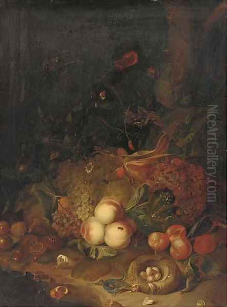 Apples, pears, grapes, corn, pomegranates, a birds nest with eggs with butterflies, a lizard and other insects in a wooded clearing - view 1